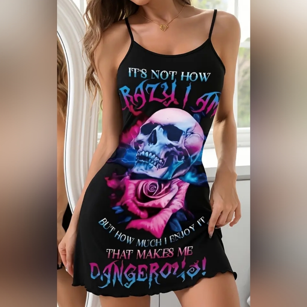 NEW Colorful Black Skull Rose Graphic Whimsigoth, Fairycore Nightdress (#1,538)